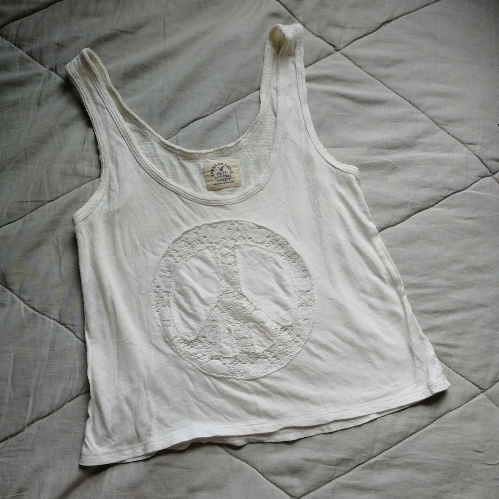 AMERICAN EAGLE Crochet Peace Graphic Tank Top Cotton Modal XS AE